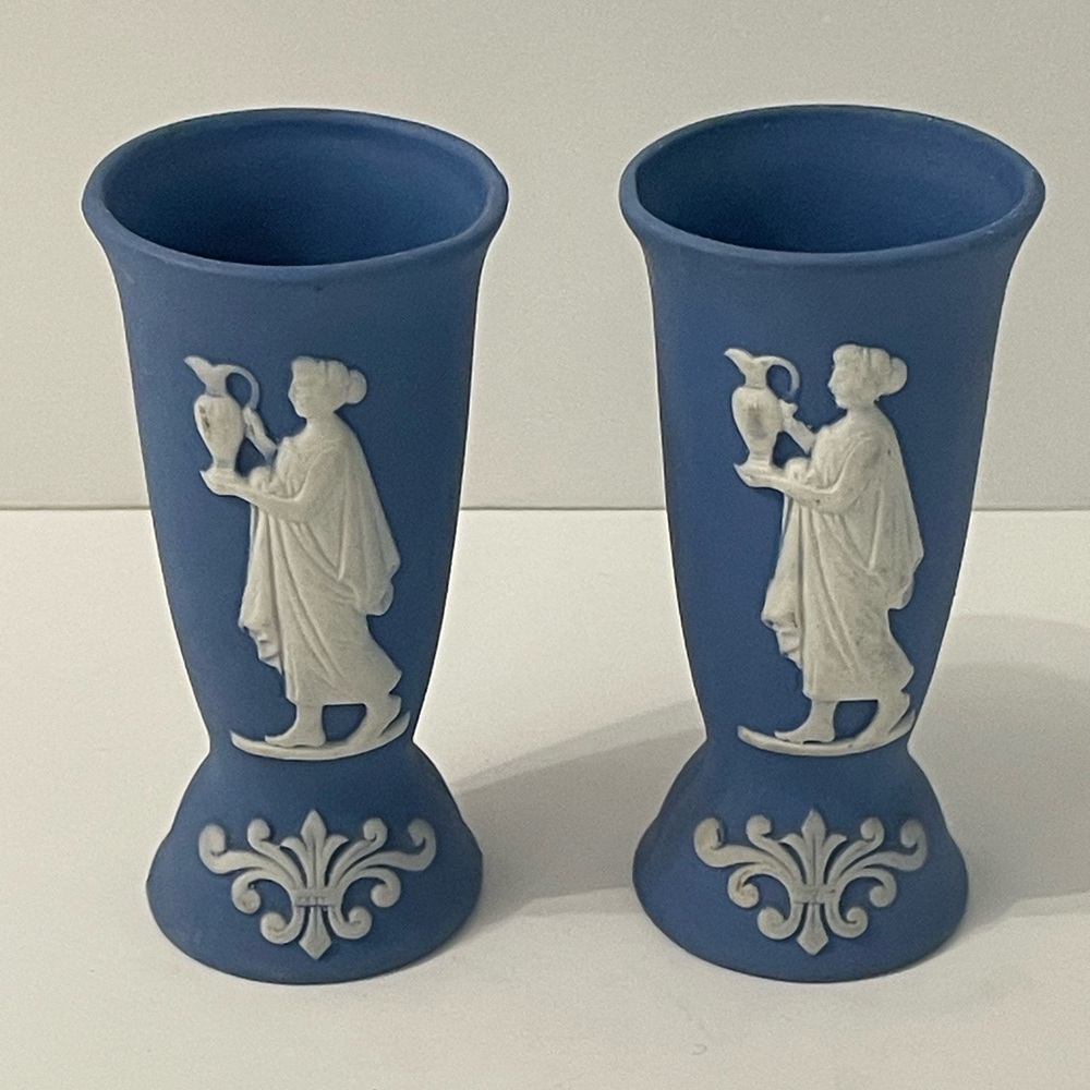 Pair of Vintage Blue and White Jasperware Bud Vases Ceramic Greece Woman 3” H